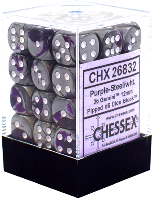 Chessex Gemini 12mm d6 Tärningsblock med Pips (36 Tärningar) - Lila-Stål med Vit Chessex