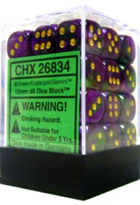 Chessex Gemini 12mm d6 Tärningsblock (36 Tärningar) - Grön-Lila med Guld Chessex