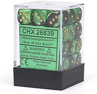 Chessex Gemini 12mm d6 Tärningsblock (36 tärningar) - Svart-Grön med Guld Chessex
