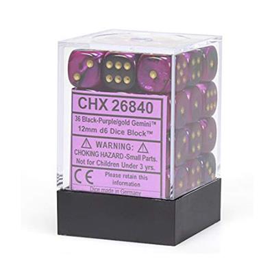 Chessex Gemini 12mm d6 Dice Blocks - Black-Purple w/gold Chessex