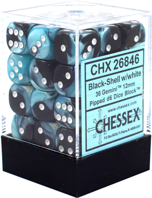 Chessex Gemini 12mm d6 Tärningsblock med Pips (36 Tärningar) - Svart-Skal m/ Vit Chessex