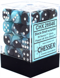 Chessex Gemini 12mm d6 Tärningsblock med Pips (36 Tärningar) - Svart-Skal m/ Vit Chessex