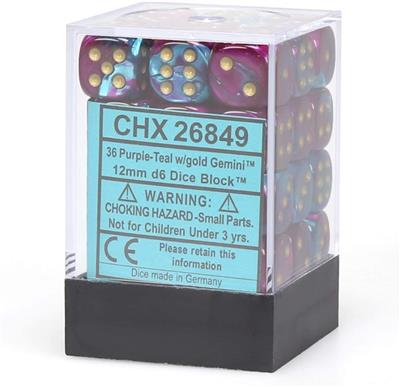 Chessex Gemini 12mm d6 Tärningsblock med Pips - Lila-Teal med Guld Chessex