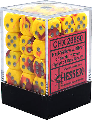 Chessex Gemini 12mm d6 Dice Blocks - Red-Yellow with Silver (36 Dice) Chessex