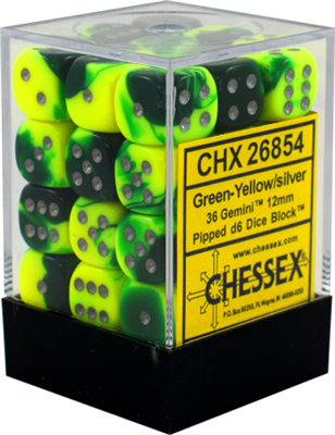 Chessex Gemini 12mm d6 Tärningsblock med prickar (36 Tärningar) - Grön-Gul med Silver Chessex