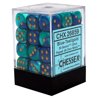 Chessex Gemini 12mm d6 Tärningsblock med pips (36 Tärningar) - Blå-Teal med Guld Chessex