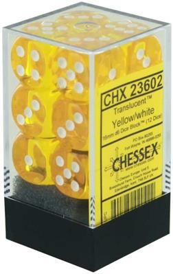 Chessex Translucent 16mm d6 med Pips Tärningsblock (12 Tärningar) - Gul med Vit Chessex