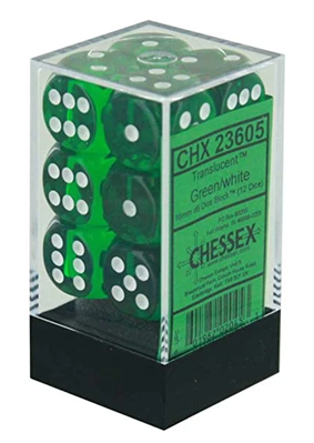 Chessex Genomskinliga 16mm d6 med prickar Tärningsblock (12 Tärningar) - Grön med vit Chessex