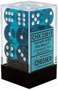 Chessex Translucent 16mm d6 med Pips Tärningsblock (12 Tärningar) - Teal med Vit Chessex