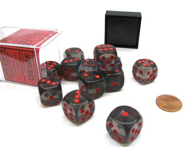 Chessex Translucent 16mm d6 med Pips Tärningsblock (12 Tärningar) - Rök med Röd Chessex