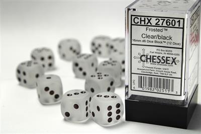 Chessex 16mm d6 med pips Tärningsblock (12 Tärningar) - Frostad Klar med Svart Chessex
