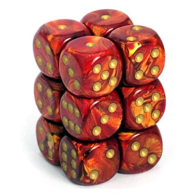 Chessex 16mm d6 med pips Dice Blocks (12 tärningar) - Scarab Scarlet med guld Chessex
