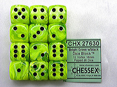 Chessex 16mm d6 Tärningar med Pips (12 Tärningar) - Vortex Bright Green Chessex