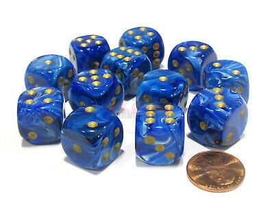 Chessex 16mm d6 med pips Tärningsblock (12 Tärningar) - Vortex Blue med guld Chessex