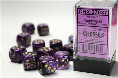 Chessex 16mm d6 Tärningar med Pips (12 Tärningar) - Vortex Lila med Guld Chessex
