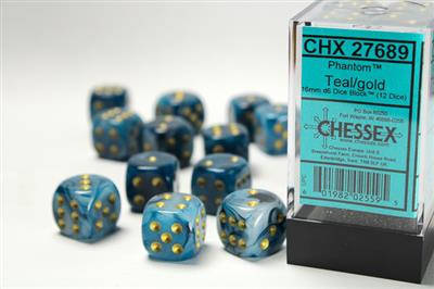 Chessex 16mm d6 med pips Dice Blocks (12 Dice) - Phantom Teal med guld Chessex