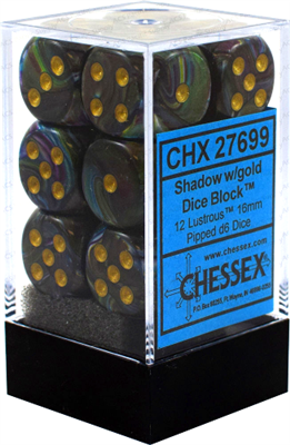 Chessex 16mm d6 med pips Tärningsblock (12 Tärningar) - Lustrous Shadow med Guld Chessex
