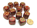 Chessex 16mm d6 med pips Tärningsblock (12 Tärningar) - Glitter Polyhedral Ruby/guld Chessex