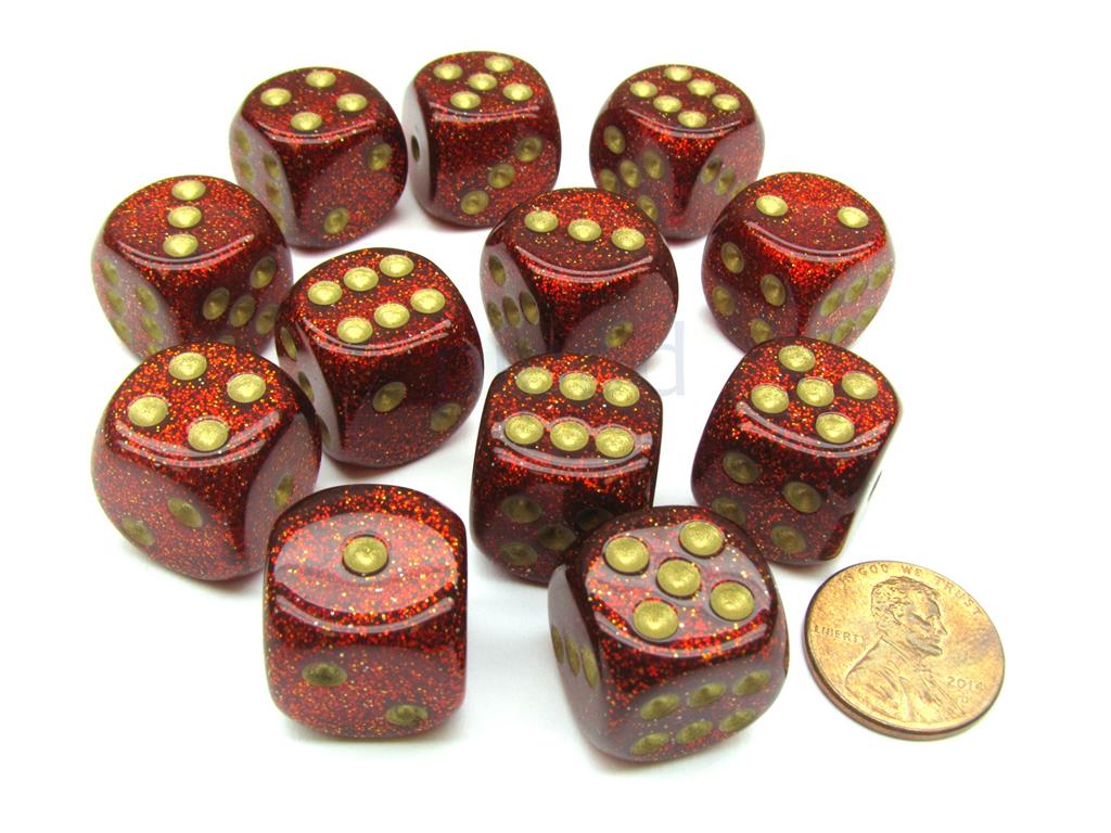 Chessex 16mm d6 med pips Tärningsblock (12 Tärningar) - Glitter Polyhedral Ruby/guld Chessex