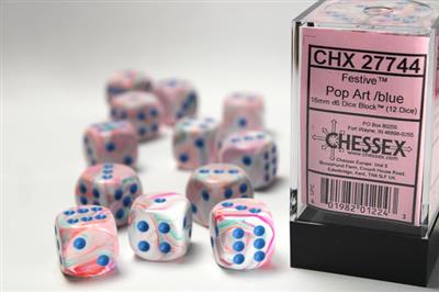 Chessex 16mm d6 Dice Blocks - Festive Blue Polyhedral Dice (12 Dice) Chessex