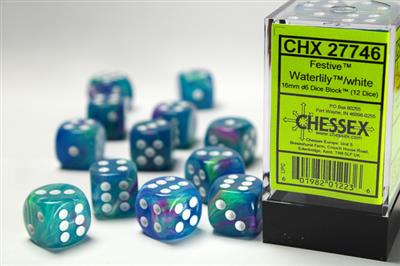 Chessex 16mm d6 med prickar Dice Blocks (12 Dice) - Festiv Waterlily/Vit Chessex