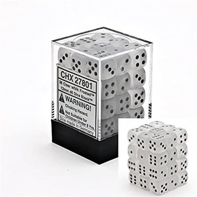 Chessex Signature 12mm d6 med pips tärningsblock (36 tärningar) - Frostad klar med svart Chessex