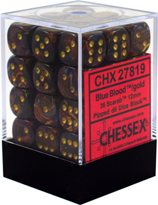 Chessex Signature 12mm d6 Tärningsblock (36 Tärningar) - Scarab Blue Blood med Guld Chessex