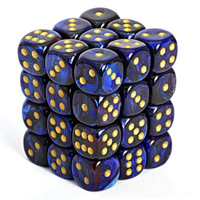 Chessex Signature 12mm d6 med pips Dice Blocks (36 Dice) - Scarab Royal Blue med guld Chessex