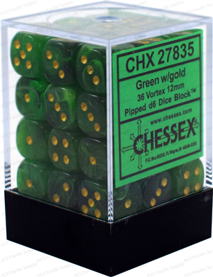 Chessex Signature 12mm d6 med pips Tärningsblock (36 Tärningar) - Vortex Grön med Guld Chessex