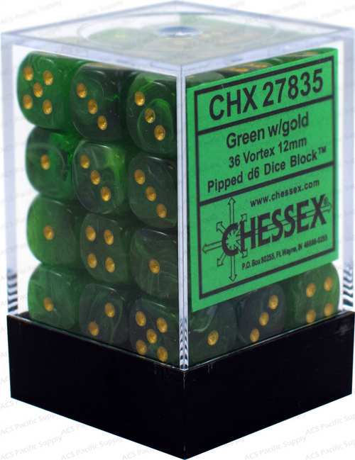 Chessex Signature 12mm d6 med pips Tärningsblock (36 Tärningar) - Vortex Grön med Guld Chessex