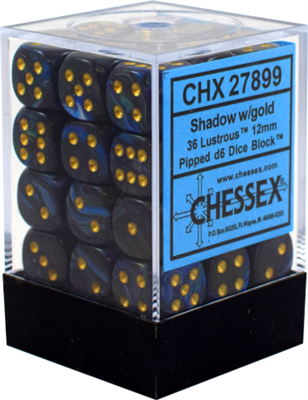 Chessex Signature 12mm d6 med pips Tärningsblock (36 Tärningar) - Lustrous Shadow med Guld Chessex