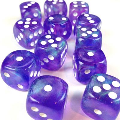 Chessex Borealis 16mm d6 Lila/Vit Luminary Tärningsblock (12 tärningar) Chessex