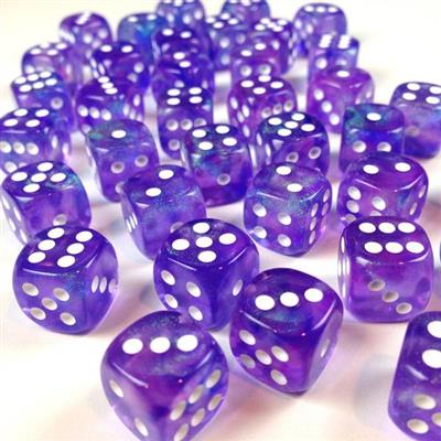 Chessex Borealis 12mm d6 Lila/Vit Luminary Tärningar Block (36 tärningar) Chessex