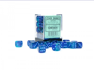 Gemini 12mm D6 Blå-Blå/Ljusblå Luminary Tärningar Block (36 Tärningar) Chessex