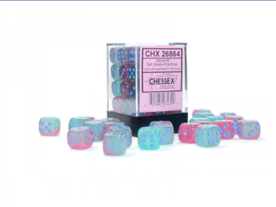 Gemini 12mm d6 Gel Grön-Rosa/Blå Luminary Tärningsblock (36 tärningar) Chessex