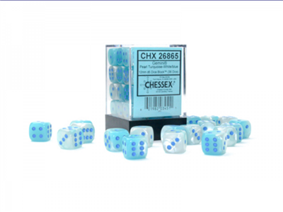 Gemini 12mm D6 Pearl Turquoise-White/Blue Luminary Dice Block (36 Dice) Chessex