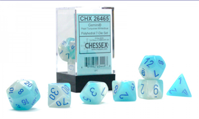 Gemini Polyhedral Pearl Turquoise-White/Blue Luminary 7-Die Set Chessex