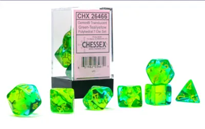 Gemini Polyhedral 7-Die Set i Translucent Green-Teal/Gul Chessex