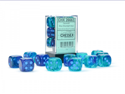 Gemini 16mm D6 Blå-Blå/Ljusblå Luminary Tärningar Block (12 tärningar) Chessex