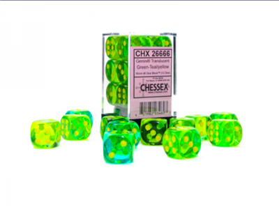 Gemini 16mm d6 Genomskinliga Grön-Turkos/Gul Dice Block (12 tärningar) Chessex
