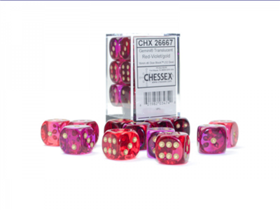 Gemini 16mm D6 Genomskinliga Röda-Violetta/Gul Dice Block (12 dice) Chessex