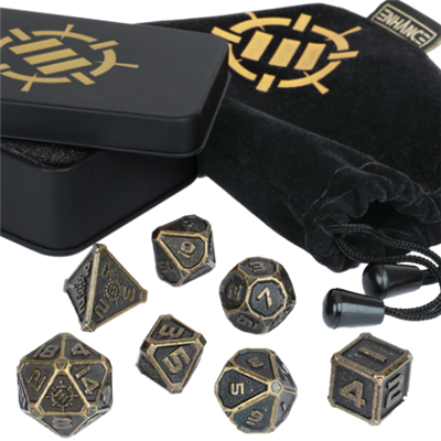 ENHANCE Bordsrollspel 7pc DnD Metalltärningsset med Fodral och Tärningspåse Enhance Gaming