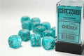 Chessex 16mm d6 med pips Tärningsblock (12 Tärningar) - Cirrus Aqua med silver Chessex
