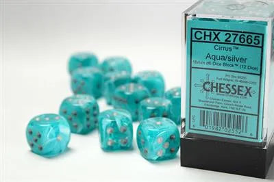Chessex 16mm d6 med pips Tärningsblock (12 Tärningar) - Cirrus Aqua med silver Chessex