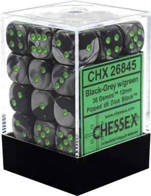 Chessex Gemini 12mm d6 Tärningsblock med Pips (36 Tärningar) - Svart-Grå med Grön Chessex