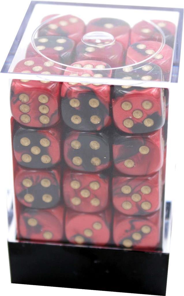Chessex Gemini 12mm D6 Tärningsblock (36 Tärningar) - Svart-Röd med Guld Chessex