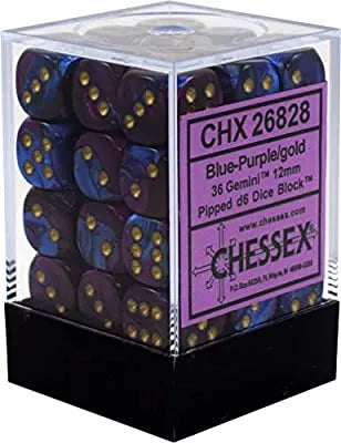 Chessex Gemini 12mm d6 Dice Blocks - Blue-Purple w/Gold (36 Dice) Chessex