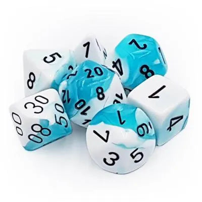 Chessex Gemini Polyhedral 7-Tärningsset - Vit-Turkos med Svart Chessex