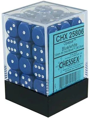Chessex Opaque 12mm d6 med Pips Tärningsblock (36 Tärningar) - Blå med Vit Chessex
