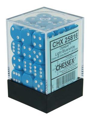 Chessex Opaque 12mm d6 Dice Blocks - Ljusblå med Vita Prickar (36 Tärningar) Chessex